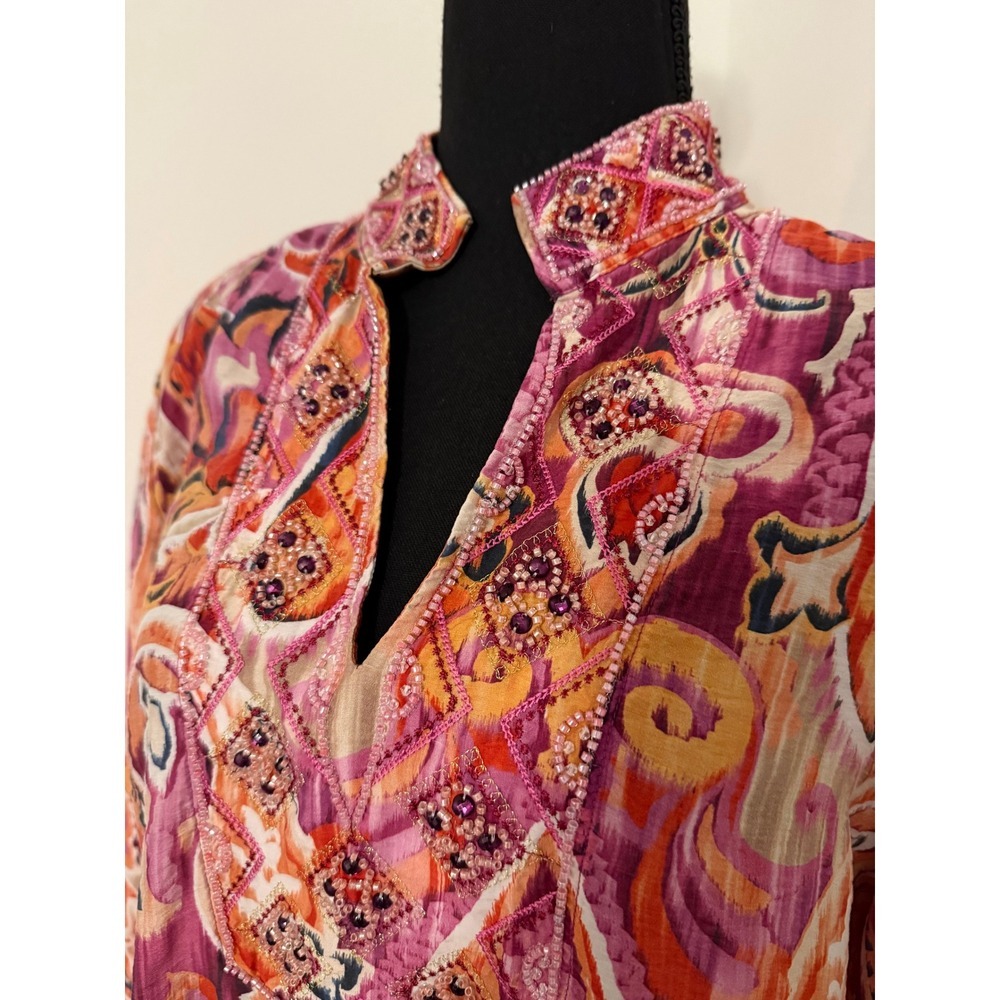 Chicos Tunic Top boho blouse Beaded Paisley Print Women Size L - Picture 2 of 13
